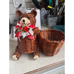 Adorable Vintage Wicker Bear Planter, Rattan Christmas Planter